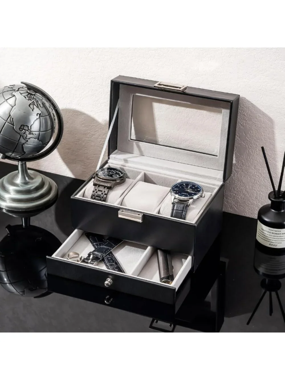 Elegant 3-Slot Watch Display Case with Drawer - Stylish Black Storage Box